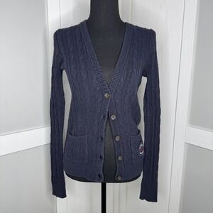 Hollister Cardigan Sweater Women XS Navy Blue Cable Knit Button Front